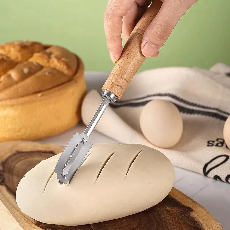 Dough Scraper Curved - パン屋生地パンペストリーカッター 5 枚刃トースト湾曲バゲットパンナイフ木製ハンドルベーキングアクセサリーペストリースパチュラ