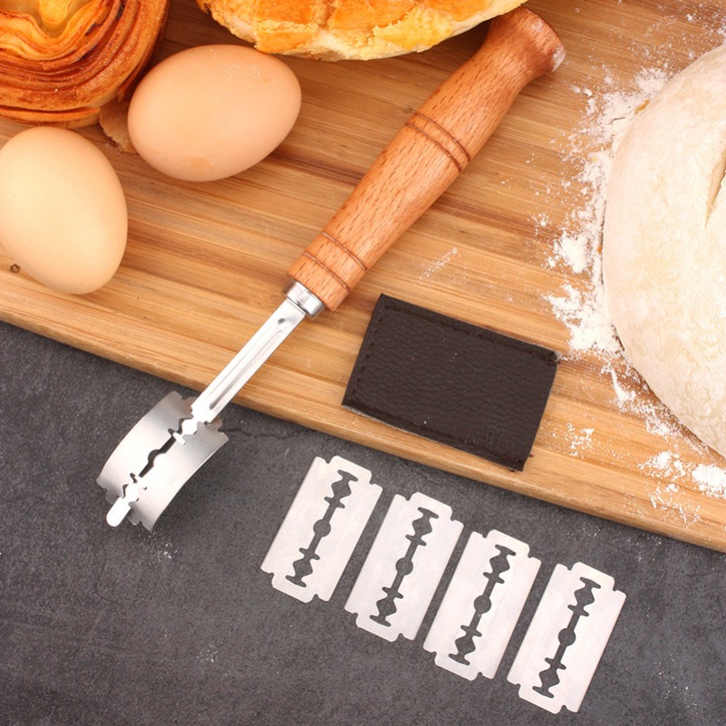Dough Scraper Curved - 生地パンペストリーカッター 5枚刃トーストカーブバゲットパンナイフ木製ハンドルベーカーベーキングアクセサリーペストリースパチュラ