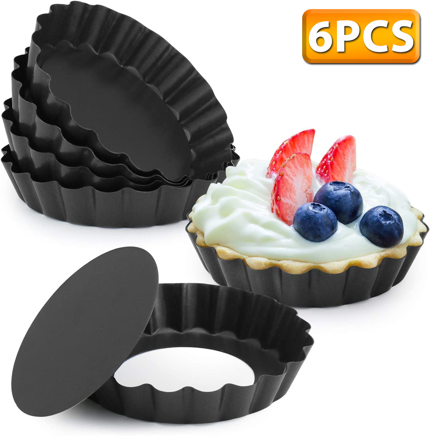 Muffin Tin Nonstick - 取り外し可能な底部を備えたミニタルトパン、焦げ付き防止の丸いキッシュパイパンセット、再利用可能なカップケーキとマフィン型、ブリキ鍋、4インチ、6個
