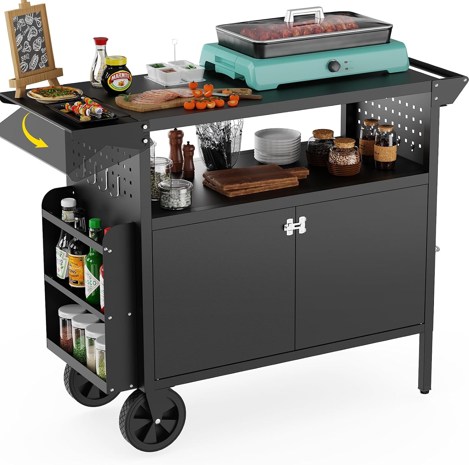 Kitchen Q - 屋外グリルカートテーブル、収納付きキッチンアイランド、ホイール付き折りたたみ式テーブルトップ、バーベキュー用食品準備ステーション、頑丈な金属グリドルカウンタートップ、パティオやキャンプ用