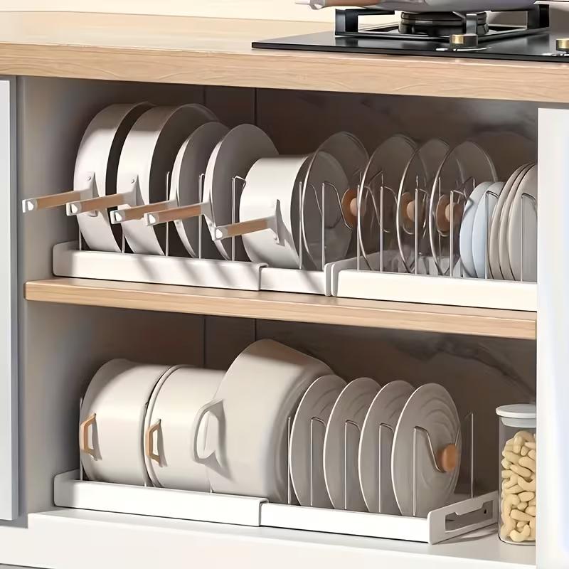 Kitchen Baking Drawer - ABS拡張可能な鍋とフライパンオーガナイザーラック、調節可能なキッチンキャビネット調理器具収納ホルダー、鍋蓋、ベーキングパン用仕切り付き、シンク下の引き出しスペースセーバー、家庭用パントリーアクセサリー