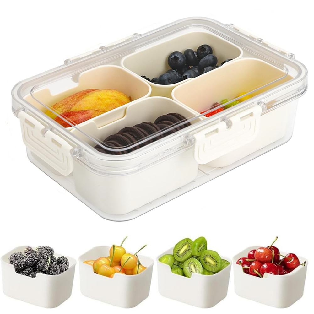 Kitchen Baking Tins - ポータブル食品保存箱、スナック収納ボックス、蓋付き4つのコンパートメント、独立したサービングトレイ、キッチン用スナックボックス、フルーツフードコンテナ