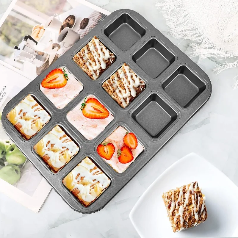 Muffin Tin Nonstick - 12 キャビティスクエア多目的ベーキングトレイノンスティックミニマフィンベーキングパンスクエアマフィン缶トレイ耐食性耐熱皿