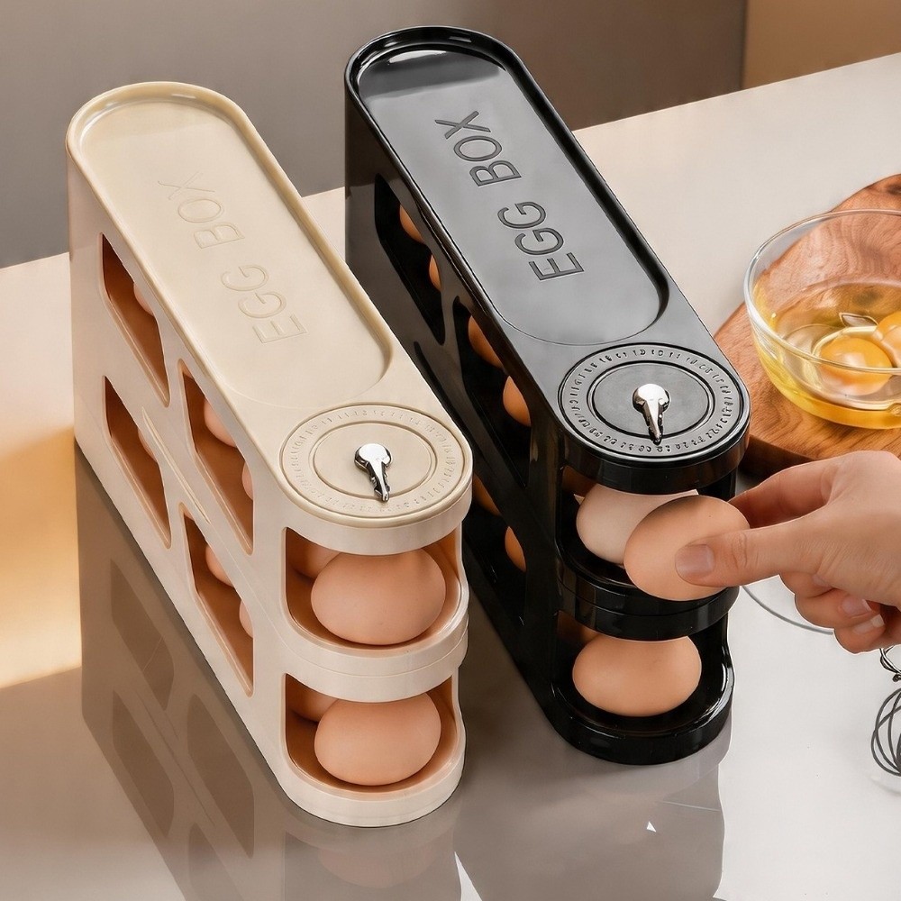 Kitchen Baking Tins - 大容量の卵収納ボックス、蓋付き省スペース、卵オーガナイザー、自動回転式二層卵ディスペンサー、キッチン収納