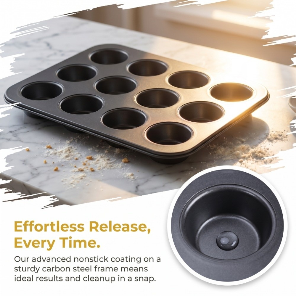 Muffin Tin Nonstick - 炭素鋼ミニマフィンパン 12カップデザイン ノンスティックコーティング カップケーキ型 ワンピース型 丸型カップ