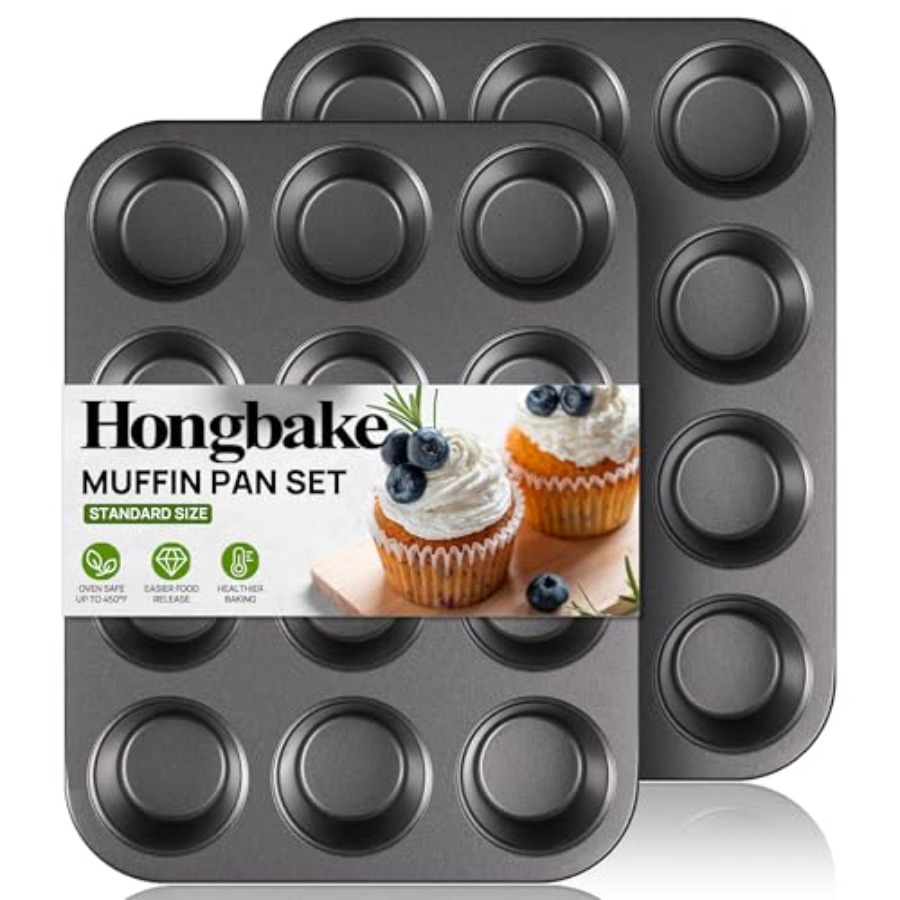 Muffin Tin Nonstick - マフィンパン、ノンスティックカップケーキ型12個入り、2パックカップケーキトレイ、プレミアムチーズケーキ型、食器洗い機対応 - ダークグレー