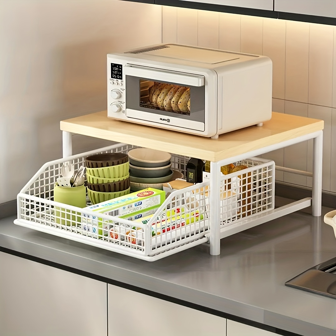 Kitchen Baking Drawer - 引き出しとベーキングラック付き縦型電子レンジスタンド、多機能キッチンシェルフデスク