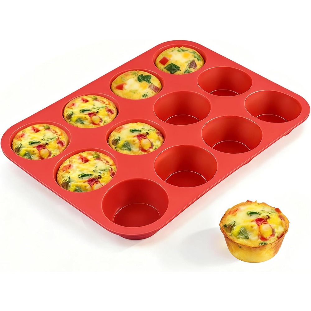 Muffin Tin Nonstick - 12カップシリコンマフィンパン、ノンスティックカップケーキ型、再利用可能なレギュラーサイズシリコンマフィン型、オーブン対応、簡単取り出し