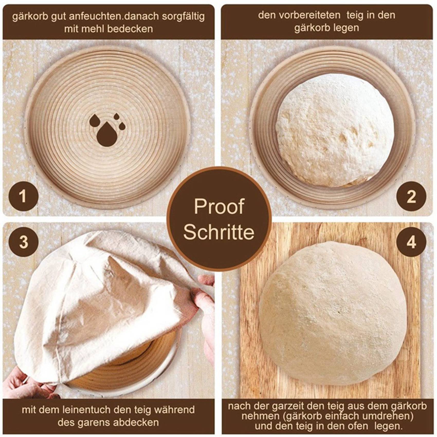 Proofing Basket Banneton - ラウンドセット、パンとパン生地用のイーストバスケット4個、リネンインサート付きバヌトンプルーフバスケット、生地スクレーパーセットラウンド-AT64