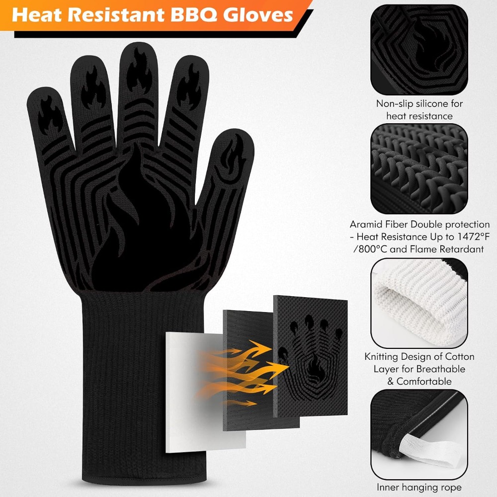 Kitchen Baking Gloves - バーベキューグローブ、1472 ° F耐熱手袋、防火ミット、グリル用手袋、シリコン製滑り止め洗えるオーブン用手袋、バーベキュー、グリル、調理、ベーキング、キャンプ、スモーカー用キッチン用手袋（ブラック）