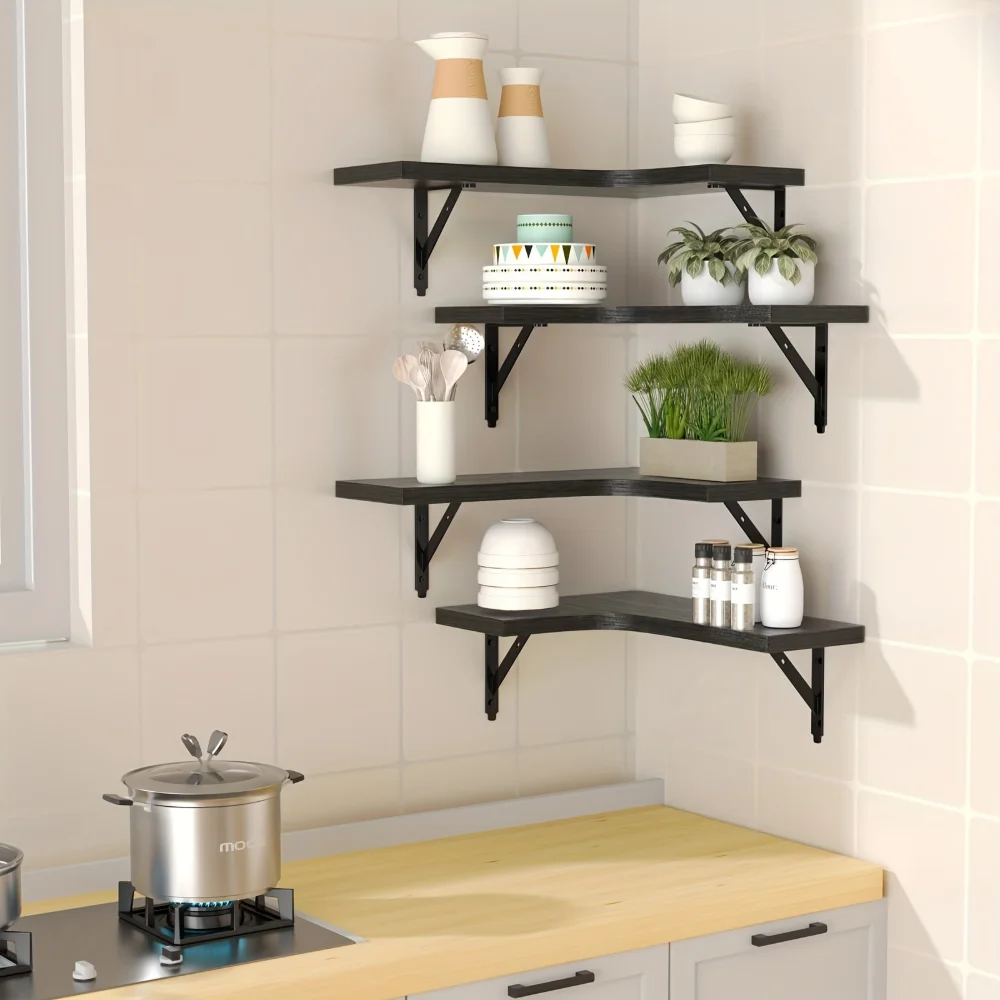 天然木目調フローティングシェルフ 壁掛けコーナー収納 モダン - Kitchen Q のレビューと価格