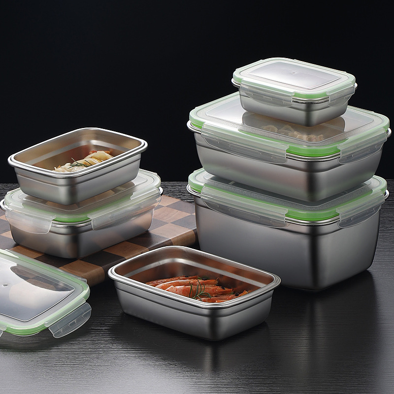 304ステンレス製ランチボックスセット、シリコン製透明蓋付き - Kitchen Baking Tins のレビューと価格