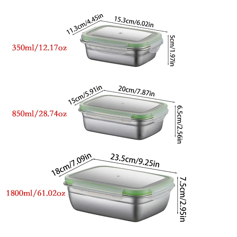 304ステンレス製ランチボックスセット、シリコン製透明蓋付き - Kitchen Baking Tins のレビューと価格